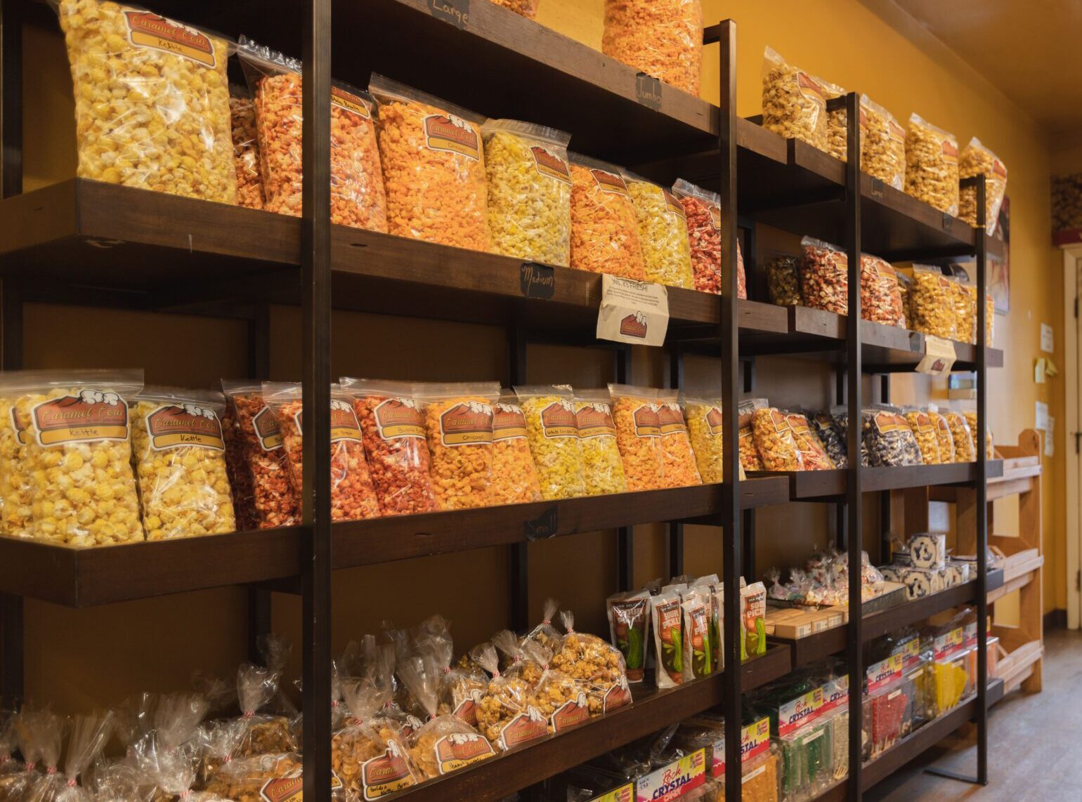 Caramel Corn Colorful popcorn display with taffy